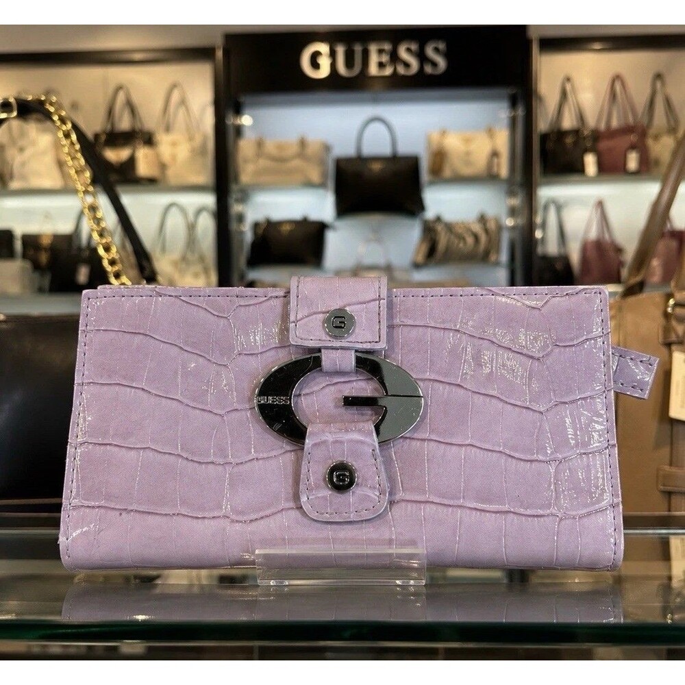 Guess Light Purple Croc Embossed Women's Clutch Wallet With Iconic Silver G